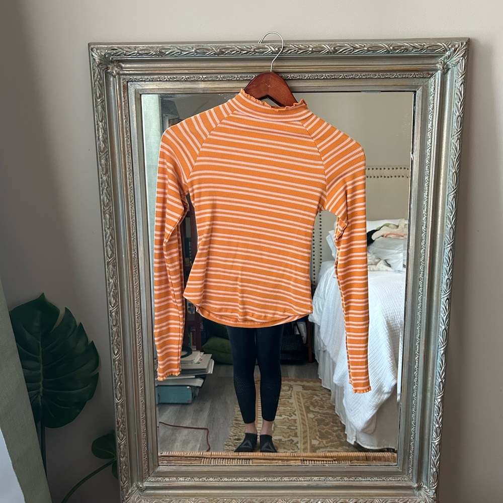 Free People Orange and White Ribbed Long Sleeve Top